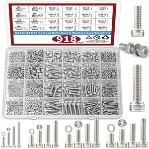 Kit Surtido de Tuercas y Arandelas Hexagonales M2 M3 M4 M5, 918 Piezas, Acero Inoxidable Grado 8.8, para la Industria del Plástico - Product Image 1