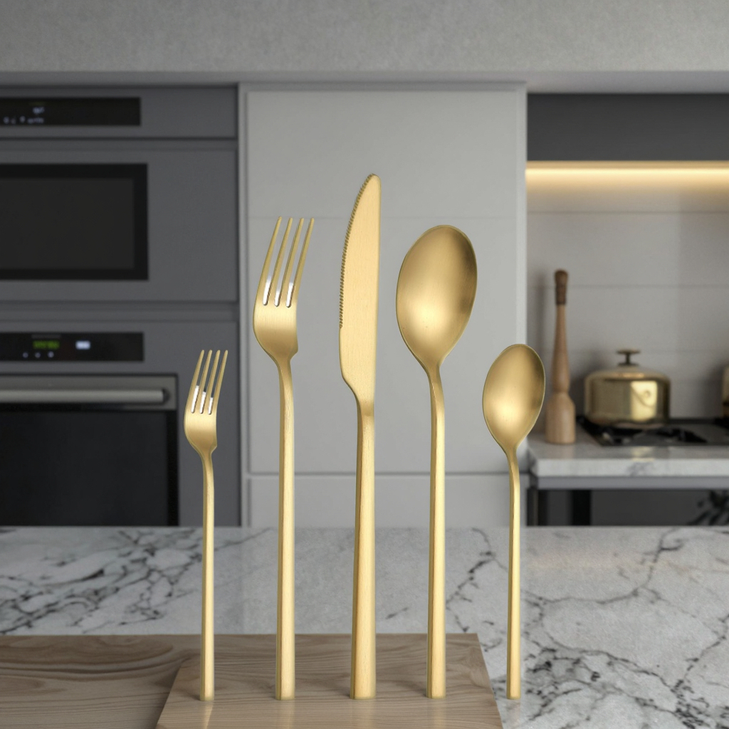 Luxury Knife Spoon Fork Five-piece Set Square Thick Handle Mirror Polish Stainless Steel Gold Finish Modern Design Flatware · image 4