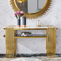 Nouvelle Arrivée Table Console Elliptique Dorée en Gros de Chine, Table d'Entrée avec Plateau en Marbre et Piétement en Acier Inoxydable
