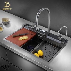 80*46 moderno grifo de fregadero de cocina de un solo tazón multifuncional Arena de semilla de mijo PVD diseño de cascada negro - Product Image 5