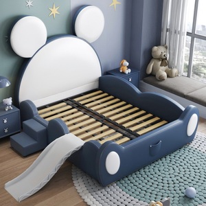 Lit enfant en bois massif style grandes oreilles JS, avec <span class=keywords><strong>sommier</strong></span> à <span class=keywords><strong>lattes</strong></span> en bois, ensemble de meubles de chambre en cuir souple - Product Image 5
