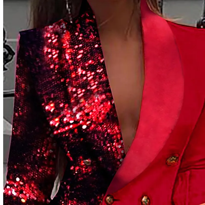Women red v-neckline long sleeves Colorblock Sequins double breast button closure Blazer Dress fully lined cocktail dresses