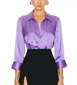 Purple manga comprida lapela botão Design grande tamanho primavera e outono temperamento magro confortável casual senhoras cetim camisa