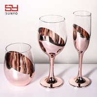 Set Gelas Anggur Tanpa Tangkai dan Ber Tangkai Warna Rose Gold Metalik Tembaga, Set 5 Buah, untuk Acara Pernikahan, Set Gelas Sampanye