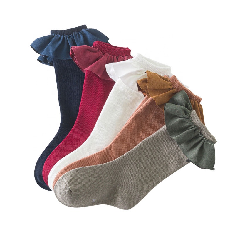 Оптовая продажа, однотонные детские носки из 100% хлопка для девочек, носки для маленьких девочек с оборками