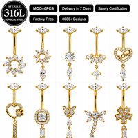 Anneaux de nombril en acier chirurgical 316L avec zircon CZ, motif chiot doré, papillon, libellule, fleur, bijoux de piercing pour femme