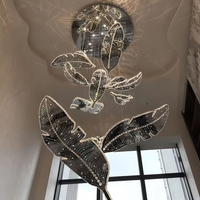Lustre contemporain en cristal de verre long avec feuilles dorées, LED, hauteur réglable, pour salon, duplex, escalier, hôtel, club