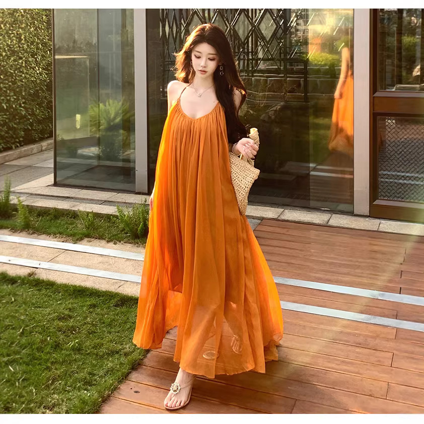Elegant Orange Colour Dress - Chiffon A-Line Maxi Elegant Orange Colour Dress - Chiffon A-Line Maxi