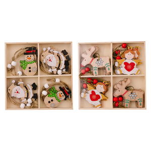 2023 New Year Christmas Decor Holiday Season Wooden Box 12 Pcs Angel Santa Claus Christmas Tree Shape Festive Wooden Pendant Set