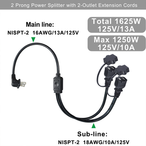45 Degree Angled NEMA 1-15P Power Cord Splitter / 2-Outlet Low Profile Extension / Indoor Outdoor Decorative Lighting - Product Image 2