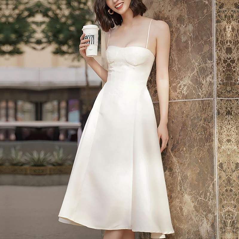 slim fit dress slacks Strapless Long White Satin Formal Dress CD0166W Off White / 2XSmall