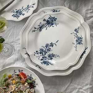 French Elegant Blue and White Porcelain <b>Plate</b> with Irregular Shape and Plant Pattern - Product Image 1