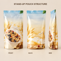 Sachet Doypack Personnalisé Imprimé pour Céréales Granola avec Fermeture Éclair et Fenêtre Transparente pour Aliments pour Animaux, Flocons d'Avoine, Muesli, Fruits, Noix, Emballage Petit-Déjeuner