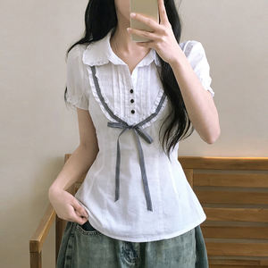 Camisa Vintage de Verano de Manga Corta Tejida con Cuello en V y Ribete de Encaje en Contraste, Estilo Preppy y Lindo - Product Image 4