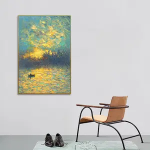 Guanjun 40*60cm Fishing Man Scenery Wall Art Painting Twilight Framed Abstract Oil Painting On Canvas