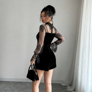 <b>Black</b> Lace Velvet Dress Double Breasted Button Front Mini Dress <b>Sheer</b> Sleeveless <b>Top</b> for Party Evening - Product Image 6