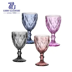 320ml Machine press antique engraved colorful ruby diamond wine glass stemware goblet with spray color ion plating embossed