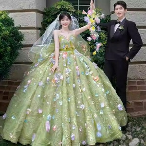 French Style Fairy Wedding Dress Green Pink Ball Gown Sweetheart Neckline Empire Waist Candy Color Tulle Dress - Product Image 1