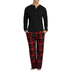 Ensemble de pyjama 2 pièces respirant pour homme avec pantalon en flanelle de coton et t-shirt Henley à manches longues Comfortable PJ Combo - Product Image 4