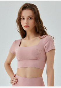 Women Breathable Square Neck <b>Open</b> Back Yoga Crop Top Short Sleeve Slim Stretch Athletic T-Shirt Built <b>Bra</b> Pilates Workout Active - Product Image 2