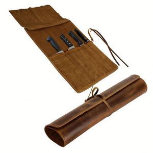 Zy Durable Leather Chef <b>Roll</b> <b>Bag</b> Portable 4-Slot Culinary <b>Tool</b> Carrier Luxury Chef's Knife Case Holder for Gifts - Product Image 1