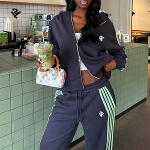 Ensembles de jogging personnalisés pour femmes, survêtements à rayures latérales, ensemble deux pièces rayé pour femmes, sweat à capuche à <span class=keywords><strong>double</strong></span> fermeture éclair et pantalon de survêtement à jambes larges - Product Image 2