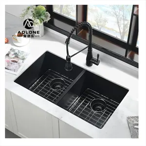 Black Quartz Kitchen Sink Undermount Composite Undermount Granite 50/50 Double Sink