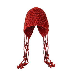 Red Hand Knitted Ski Cap With Tassel Warm Woolen Hat For Women Autumn Winter Style Earm Protector Solid Color Keep Warm - Product Image 5