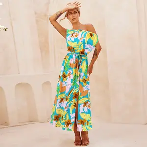 カスタマイズされたデザインの女性服アパレルノースリーブ明るい色の咲く花柄プリントスリットドレス巾着付き