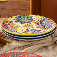 Ensemble d'assiettes en céramique de style bohème, motif ethnique coloré, assiette à dîner, assiette à fruits, assiette à steak, assiette à pâtes pour la décoration de la table de la cuisine à la maison
