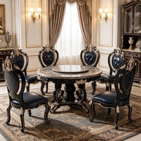 Luxuriöses Europäisches Massivholz-Esszimmer-Set mit Naturmarmor-Tischplatte und Drehbarem Serviertablett, Dunkelblaue PU-Lederstühle für Villen, Großhandel