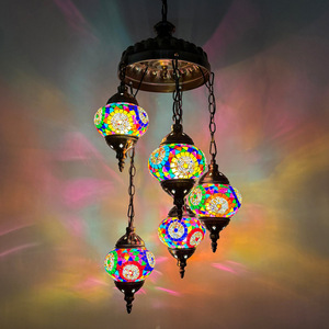 Lampadario a Sospensione LED Etnico Turco a 5 Teste, Fatto a Mano con Mosaico, Misura Media, Altezza Regolabile per Hotel, Ristoranti e Soggiorni - Product Image 1
