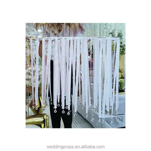New design wedding ceiling curtain decoration white silk ribbons with roses crystal beads hanging flowers crystal balls