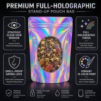Pochette personnalisée holographique en Mylar avec fenêtre transparente, fermeture éclair, anti-odeur, pour bonbons, herbes et fleurs (3,5g, 7g, 28g)
