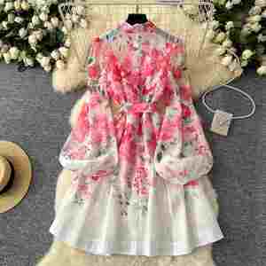 Vestido Midi Casual de Primavera Estilo Americano con Cuello Mao para Mujer, Manga Linterna, Estampado de Encaje, Morado - Product Image 3