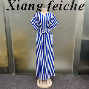 Nouvelle Robe Décontractée Femme 2026 à Rayures Verticales Rose et Blanches, Col en V, Manches Courtes, Ceinture Ajustable, Coupe Ample, Style Boubou Caftan Imprimé Africain - Product Image 4