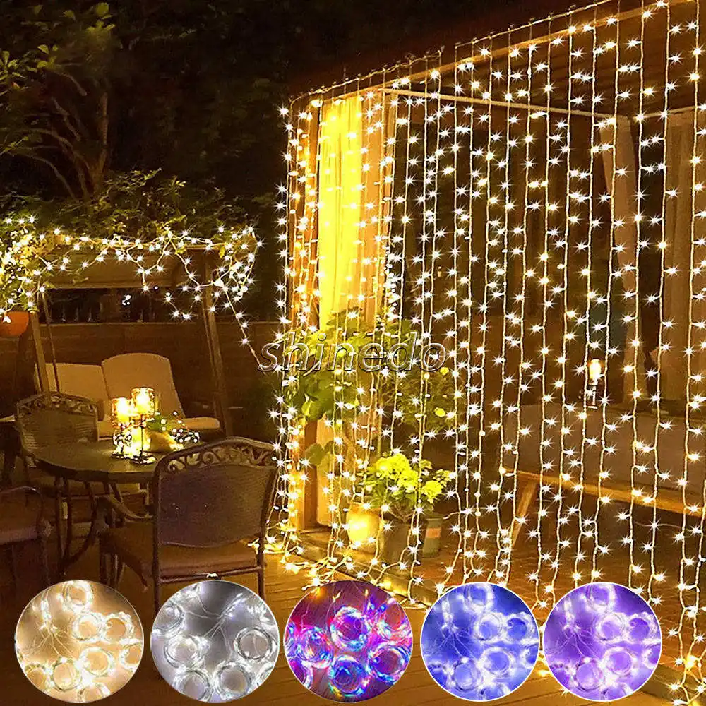 Cortina de luces LED con Control remoto para exteriores, cortina colgante de pared para ventana, decoración de Navidad, 300
