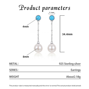 Copper <b>Turquoise</b> Round Bezel White Pearl Long Chain Drop <b>Earrings</b> for Women Dangle Pearl <b>Stud</b> Boho Jewelry Elegant Gift - Product Image 6