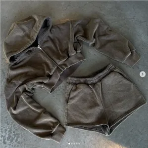 Custom spring Summer women 2 piece shorts set cotton French terry casual sexy zip up crop hoodie tracksuits for Girls