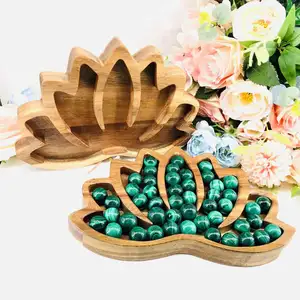 Natural Wooden Crystal Stone Holder Bowl Jewelry Display Box Lotus Shape Tray