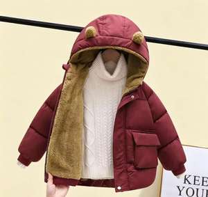 Veste matelassée à capuche avec oreilles d'ours pour enfants, manteau d'hiver épais doublé de polaire pour tout-petits garçons et filles, vêtements d'extérieur chauds de couleur unie - Product Image 5
