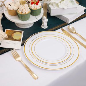 102 Platos Desechables de Plástico Dorado Resistentes para Fiestas y Bodas, 10.25 Pulgadas para Cena, 7.5 Pulgadas para Postre/Aperitivo, Elegantes y Blancos - Product Image 5