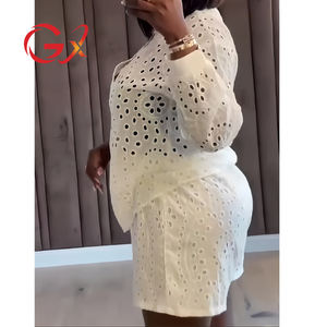 GX2443 Mode Frühling Sommer Lady Street Wear Boutique Langarm V-Ausschnitt Hohl Durchsichtiges Oberteil und Shorts 2-teiliges Set Damen - Product Image 3