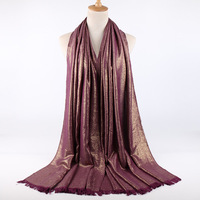Vente en gros Foulard en soie pour dames Hijab Châle monochrome à franges en filigrane double face Hijab scintillant doré à paillettes