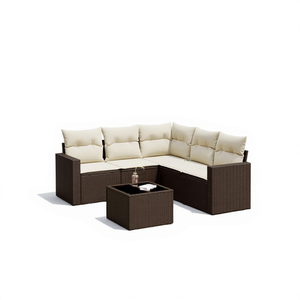 Ensemble de canapé de jardin modulaire en rotin brun avec coussins crème, mobilier d'extérieur au design contemporain - Product Image 1