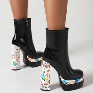 Large Feet Size 46 Women Ankle Short Platform <b>Boots</b> Colored Graffiti High Block Heels Shoes Square Toe Shoes Ladies - Product Image 5