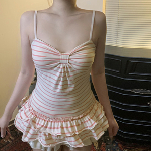 Pink Cute Striped Knitted <strong>Longline</strong> Sweet Camisole Front Breathable Plus Size Tank Top Ruffle Hem Loose Fit Sleeveless Blouse - Product Image 3