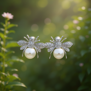 Orecchini a Perno Trendy a Forma di Insetto, Placcati in Oro Bianco, con Perle Imitate e Micro Inserti Brillanti, Gioielli da Festa per Donne - Product Image 2