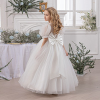 Gaun Malam Panjang untuk Anak Perempuan - Gaun Ruffle Lengan Mengembang Tulle dengan Ikat Pita untuk Pertunjukan Piano & Pernikahan Gaya Putri Bahan Poliester/Katun