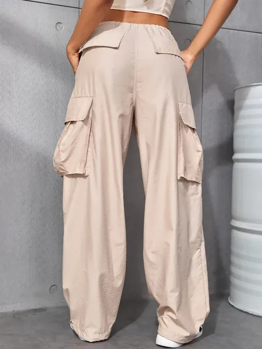 Calças de nylon com bolsos laterais para homens, calças cargo largas com logotipo personalizado OEM e ODM do fabricante com cintura elástica
